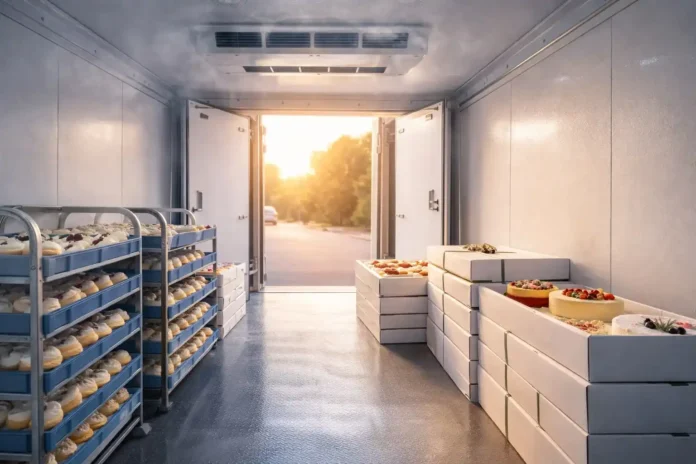 Refrigerated bakery truck delivering cream pastries with doors briefly open