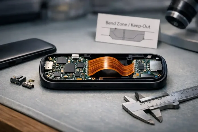 Rigid-flex PCB folded inside a compact electronic device