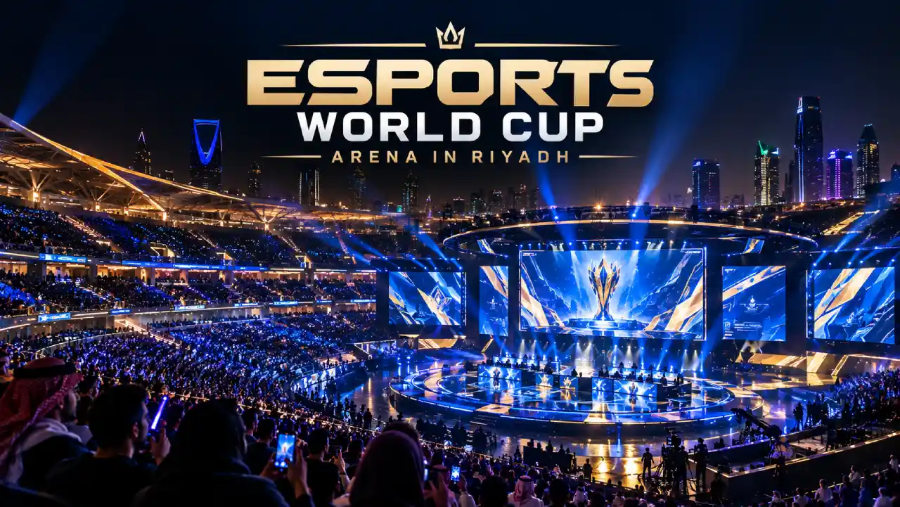 Why Esports Is Becoming Part of Global Show Business 1 Packed esports arena stage lit up during a major tournament, representing the Esports World Cup in Riyadh