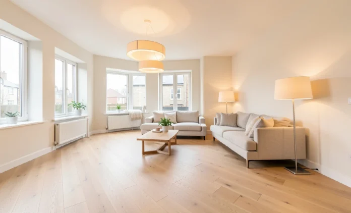 Home Upgrades That Make the Biggest Visual Difference Renovated living room showing home upgrades including new flooring, warm lighting, and fresh paint