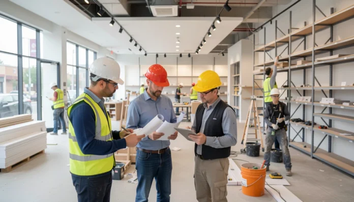 Construction consultants reviewing plans at a retail store construction project while contractors work on interior fit-out.