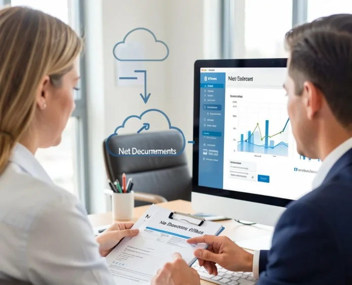 Business professional using a NetDocuments connector service to manage documents on a cloud system