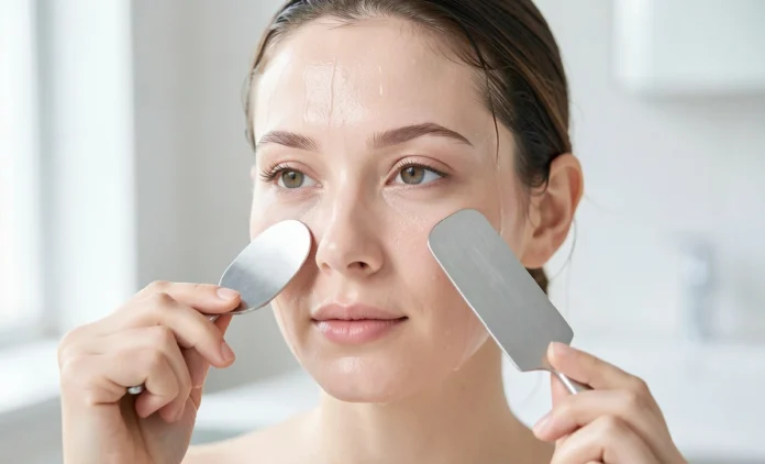 Woman using an ultrasonic skin scrubber on sensitive skin at home with light pressure