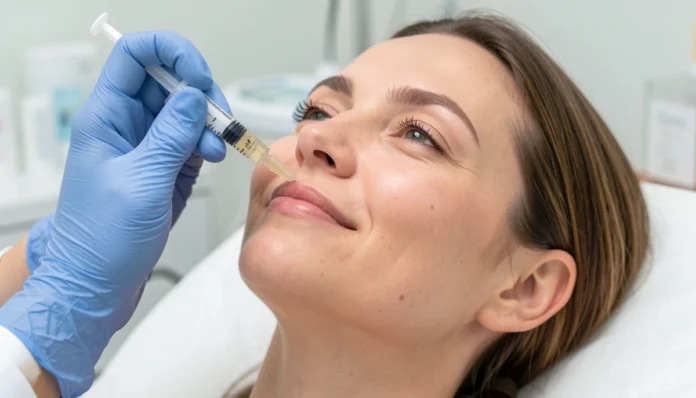 Dermatologist performing non-surgical facial sculpting with dermal filler to enhance cheeks, chin, and jawline definition