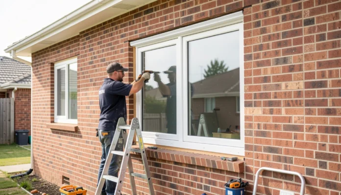 Professional installer fitting energy-efficient double glazed window in a residential home during window replacement project