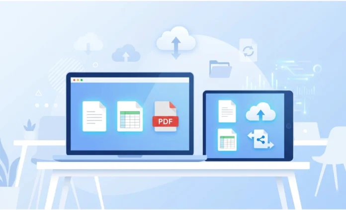 WPS Office productivity suite showing document, spreadsheet, and PDF tools on laptop and tablet
