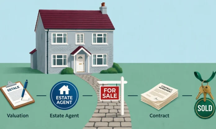 Step-by-step property selling process showing a British house with pathway leading through valuation, estate agent, for sale sign, contract agreement, and sold keys – complete guide to selling your home in Loughton