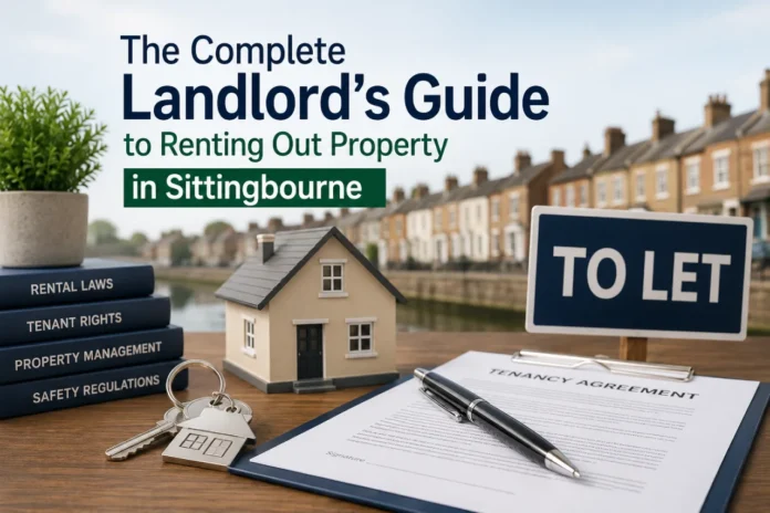 The Complete Landlord’s Guide to Renting Out Property in Sittingbourne Featured image showing a landlord rental property setup in Sittingbourne with a model house, tenancy agreement, house keys, property management books, and a To Let sign.
