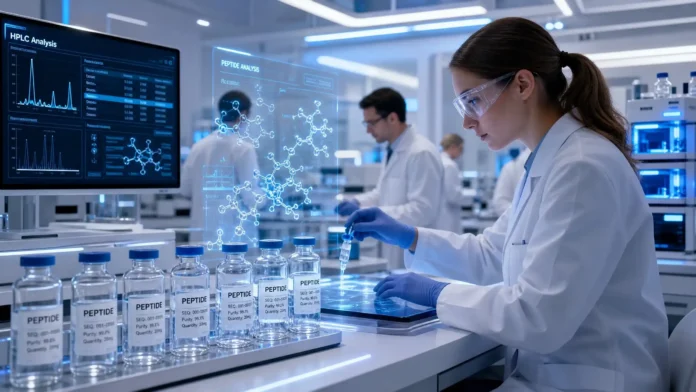Researchers testing high-purity peptides in a modern biotechnology laboratory