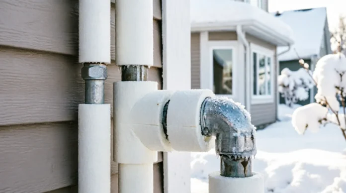 Insulated outdoor plumbing pipes with frost in a snowy Lansdowne PA winter, illustrating pipe burst prevention tips for homeowners