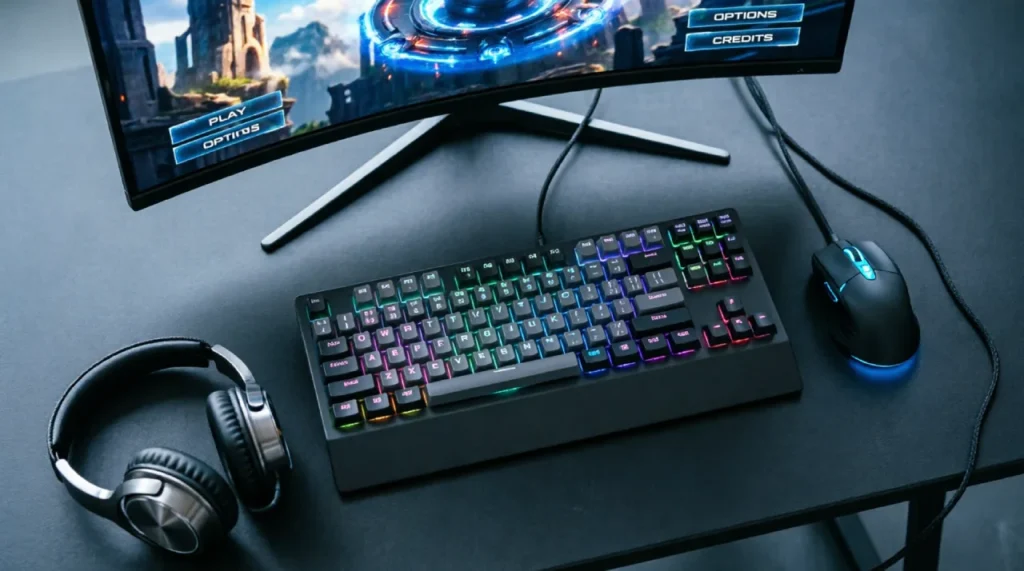 Gaming gear setup with mechanical keyboard, gaming mouse and headset on a dark desk