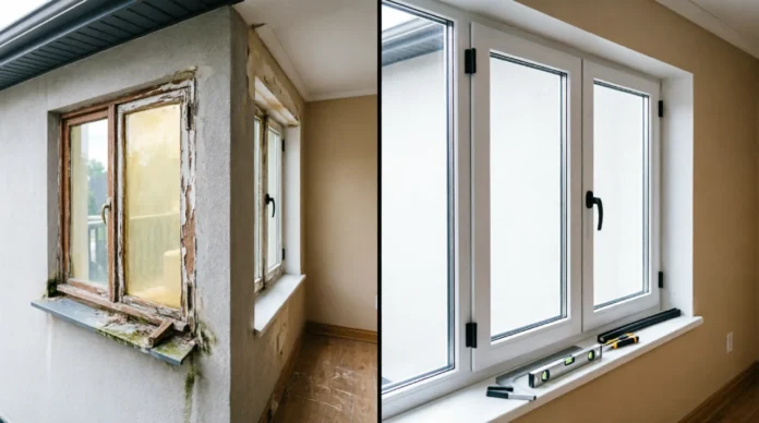 Before and after comparison of window replacement showing old deteriorated wooden windows with peeling paint transformed into modern white-framed windows with professional finishing, black hardware, and clean trim work
