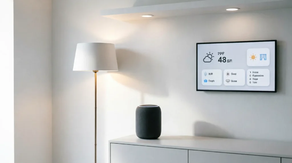 Smart home devices including a smart speaker and smart display in a modern minimalist living room