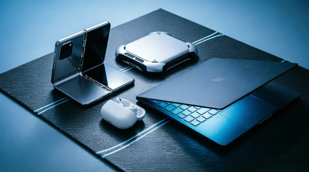 Futuristic tech gadgets including foldable smartphone, handheld gaming PC and AI earbuds for 2026 trends