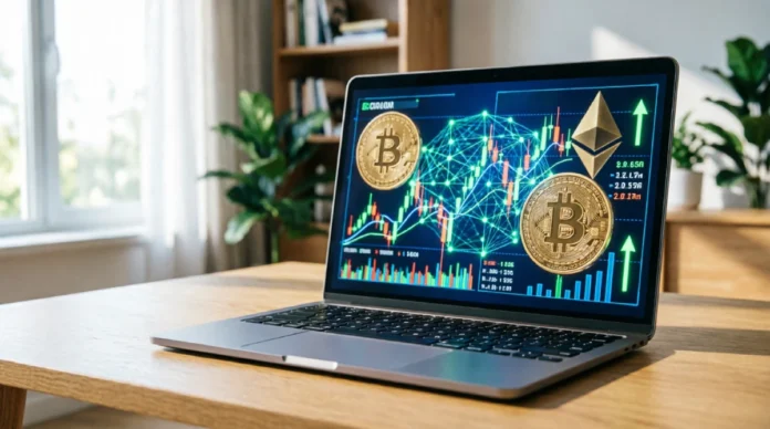 AI Crypto Trading Tools for Everyday Traders Laptop displaying AI-powered crypto trading charts and Bitcoin symbols on a home desk.