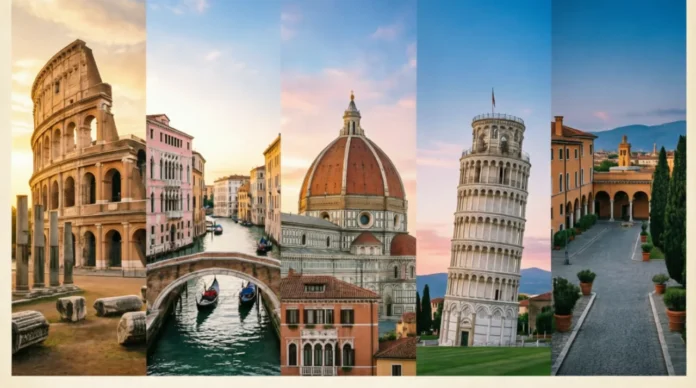 Italy ke iconic landmarks — Colosseum, Venice canal, Florence Duomo, Pisa tower ka collage