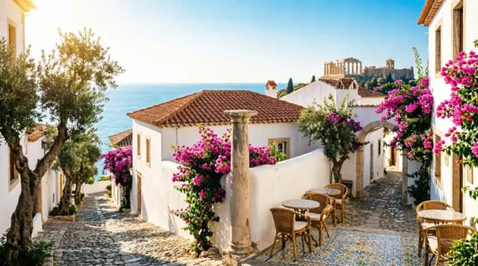Sunlit Mediterranean coastal village with whitewashed houses, cobblestone streets, pink bougainvillea flowers, and ancient Greek ruins overlooking the sea.