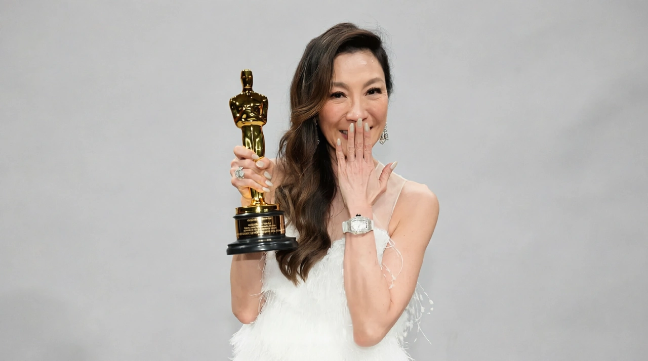 Michelle Yeoh Net Worth: How She Built Her $40M Career 1 Michelle Yeoh holding an Oscar award and smiling at an awards event.
