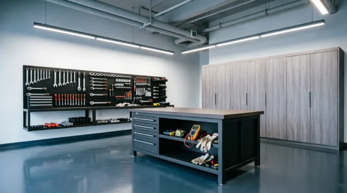 Highly functional and modern garage space featuring wall-mounted pegboard tool storage, sleek workbench with drawers, tall wooden cabinets, epoxy flooring, and bright LED lighting for a clean organized workspace.