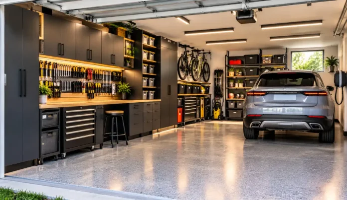 Modern garage interior featuring a silver SUV, charcoal storage cabinets, organized tool wall, wooden workbench, LED lighting, and polished garage flooring.