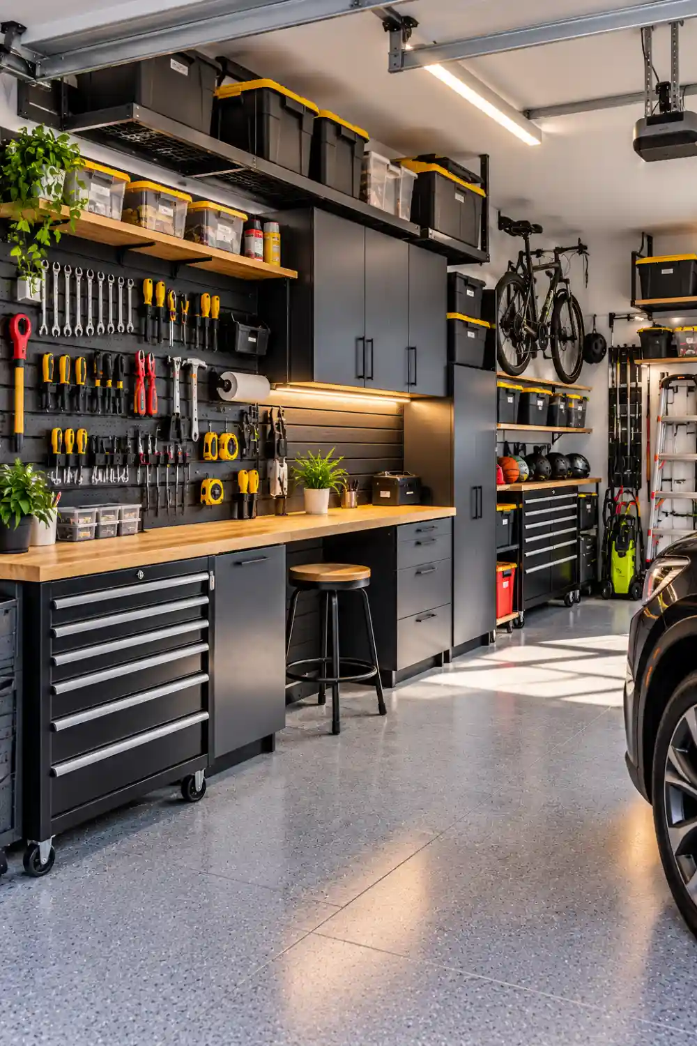 Modern garage featuring wall-mounted tool organizers, overhead storage shelves, charcoal cabinets, a wooden workbench, hanging bicycles, and neatly arranged storage bins.