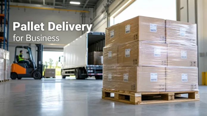 A professional business banner showing a neatly stacked and shrink-wrapped pallet of cardboard boxes in a modern warehouse, with a forklift and a delivery truck in the background, featuring the text 