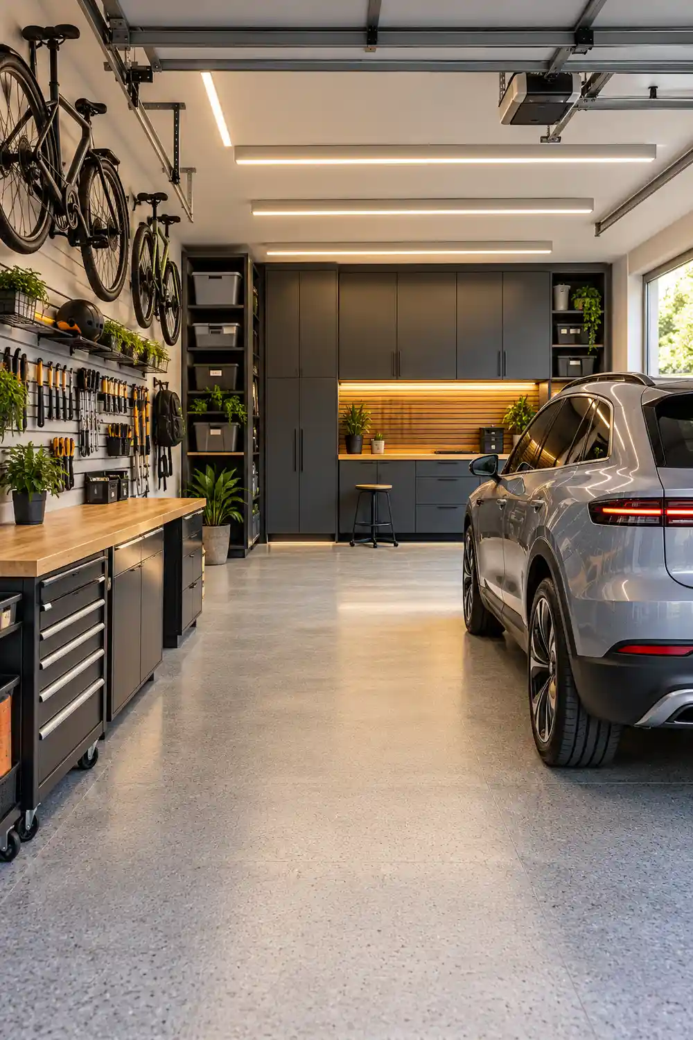 Modern garage interior featuring sleek storage cabinets, a wooden workbench, LED ceiling lights, durable grey flooring, and organized parking space.