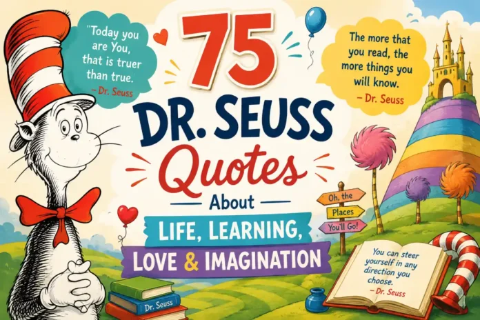 Whimsical illustration inspired by Dr. Seuss celebrating quotes about life, learning, love, and imagination.