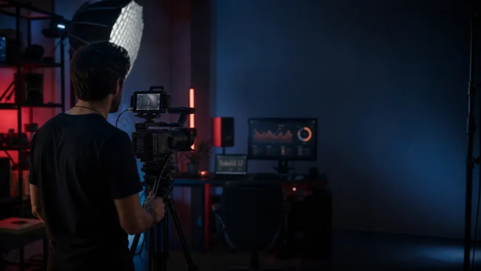 Male digital filmmaker operating a professional studio camera