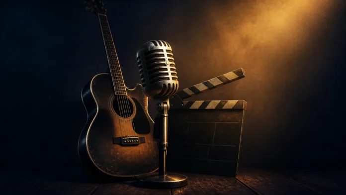 Microphone, blues guitar and film clapperboard representing Miles Caton’s music and acting career