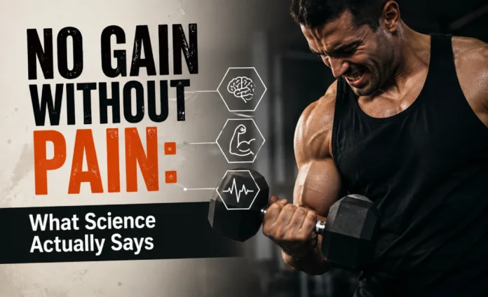 No Gain Without Pain fitness concept showing a man lifting weights and exploring the science behind exercise