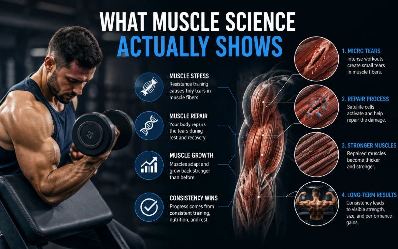 Muscle growth science showing how resistance training, muscle repair, recovery, and consistent exercise build stronger muscles