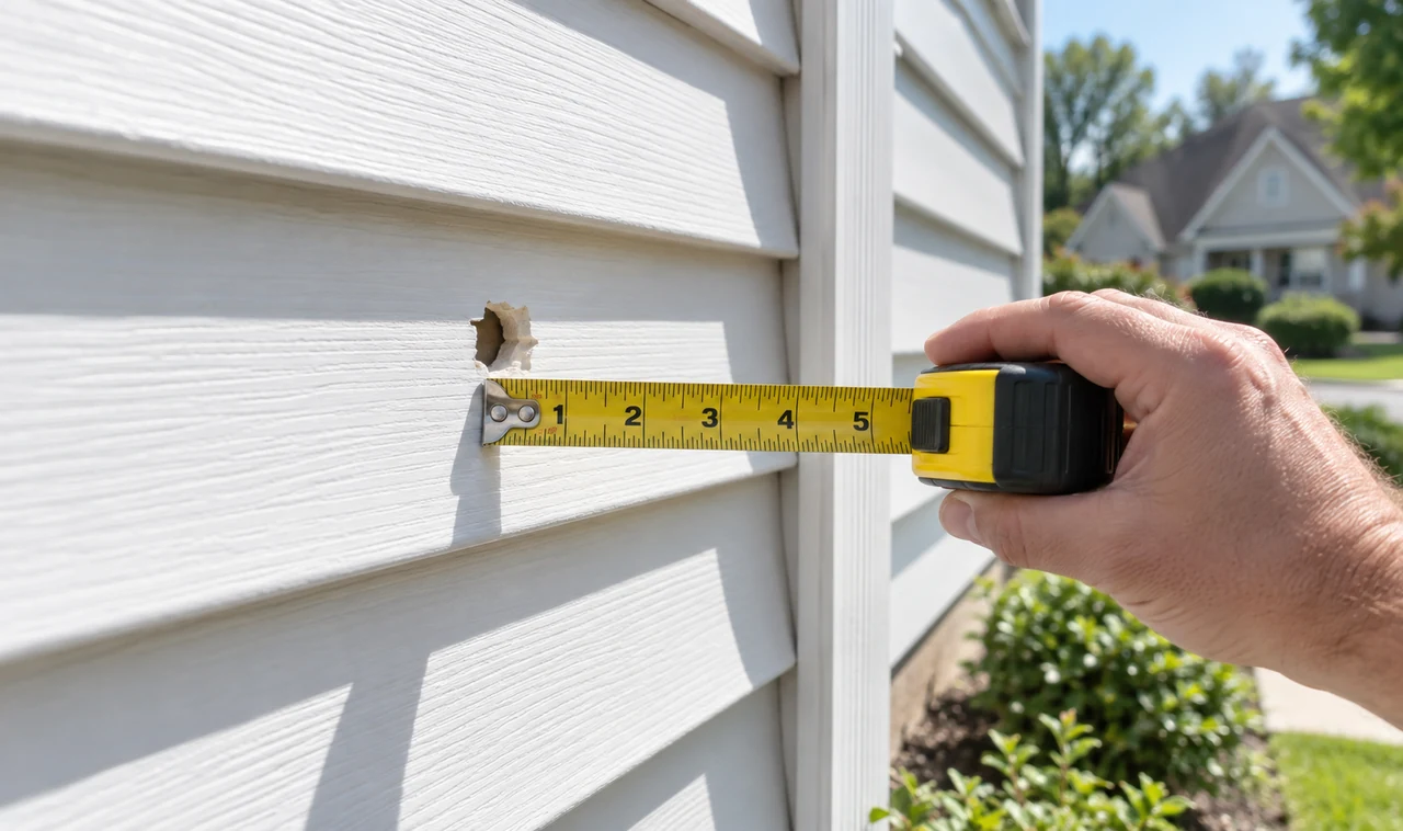 Measure a Hole in Vinyl Siding Tape measure checking the size of a hole in white vinyl siding