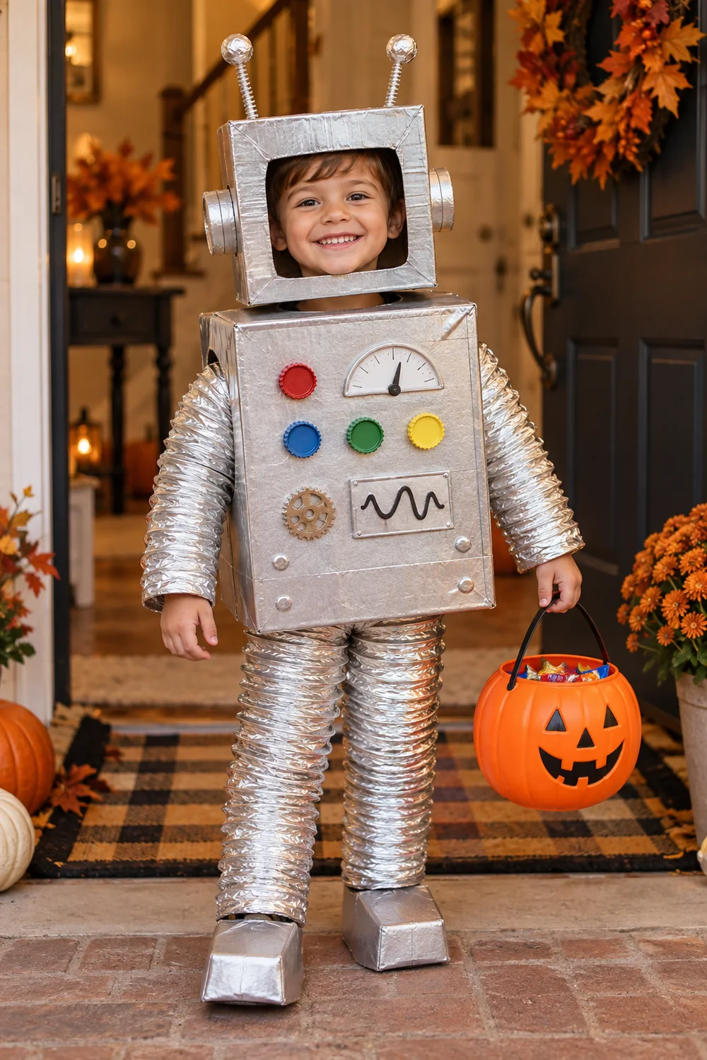 Child wearing a homemade retro robot Halloween costume