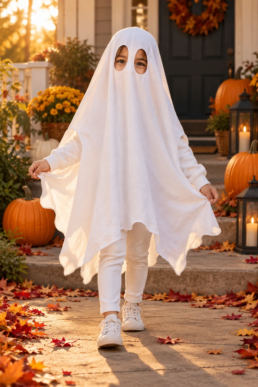 Child wearing a safe homemade ghost costume made from an old bedsheet