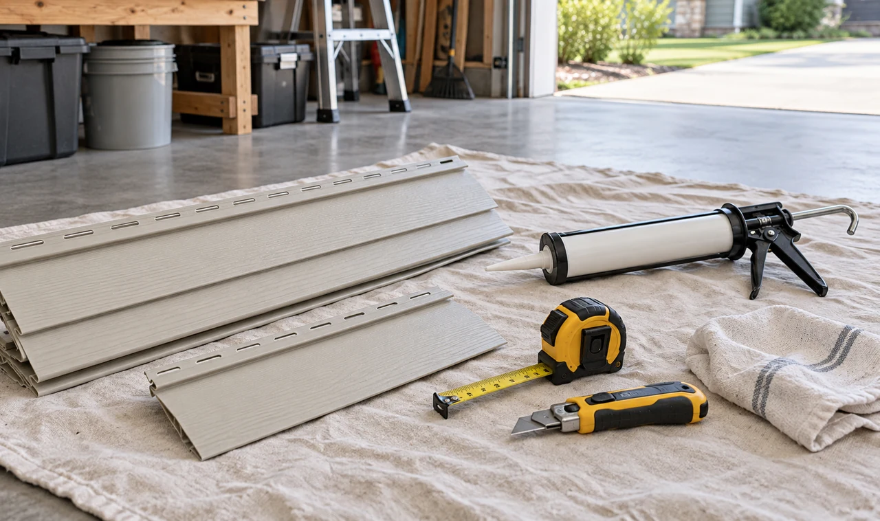 Vinyl Siding Repair Tools and Materials Vinyl siding repair tools and matching siding pieces arranged on a drop cloth
