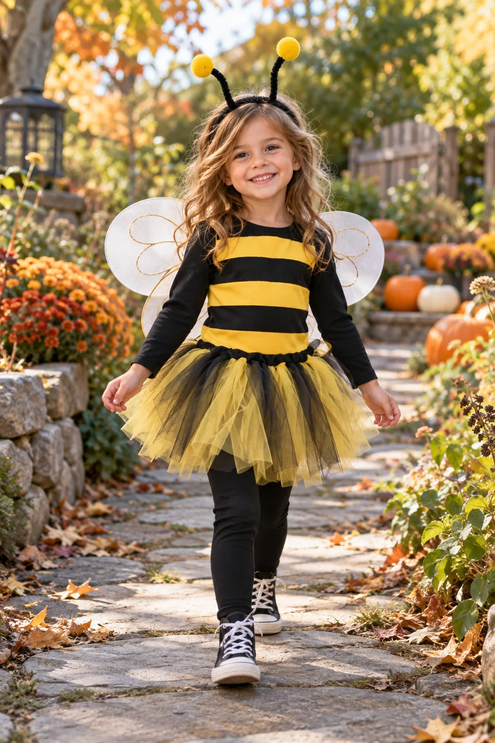 Child wearing a homemade bumblebee Halloween costume with durable wings