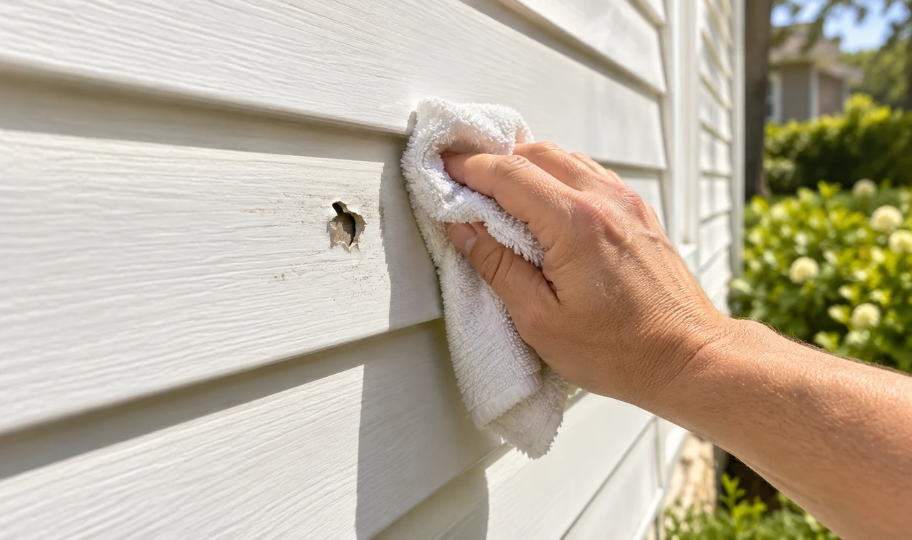 Clean the Damaged Vinyl Siding Hand cleaning white vinyl siding around a small damaged hole
