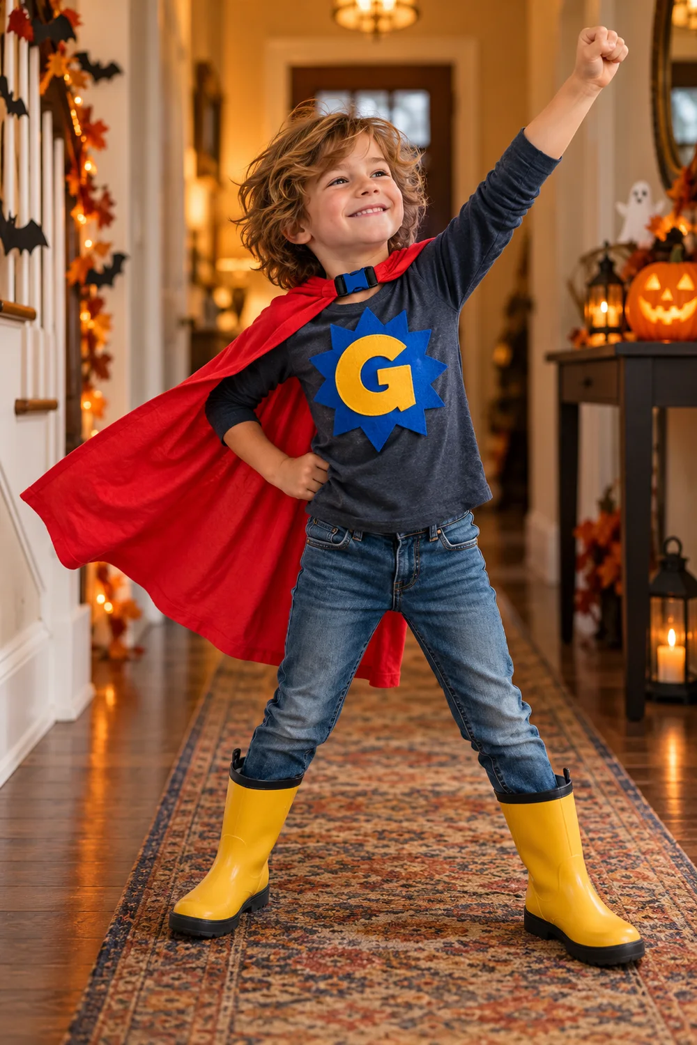 Child wearing an easy no-sew superhero Halloween costume