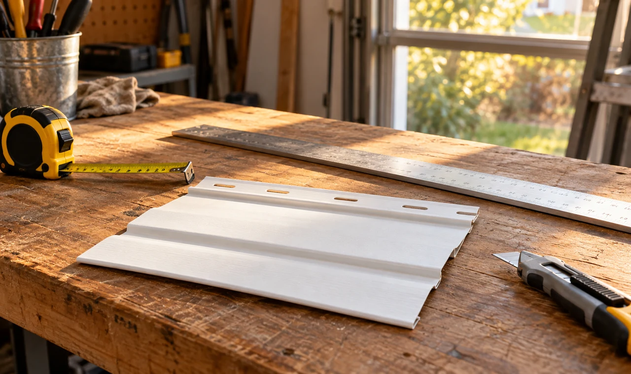 Prepare a Matching Vinyl Siding Patch Matching vinyl siding patch with measuring and cutting tools on a workbench