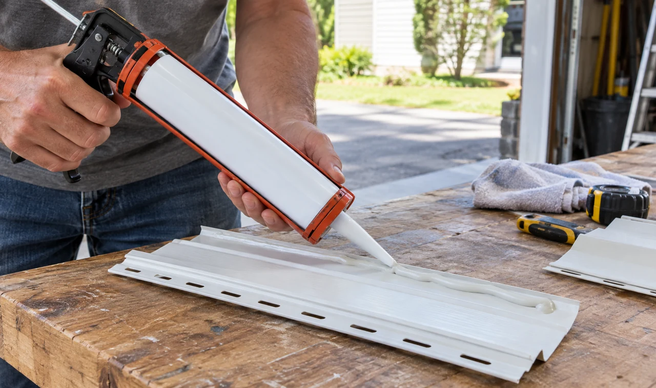 Apply Adhesive to a Vinyl Siding Patch Caulking gun applying adhesive to a white vinyl siding patch