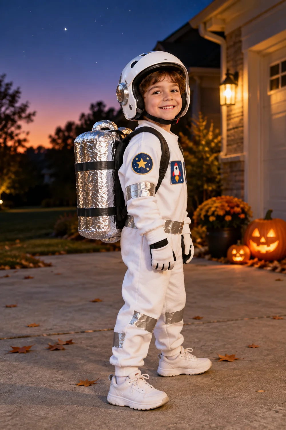 Child wearing a homemade astronaut Halloween costume with a foil backpack
