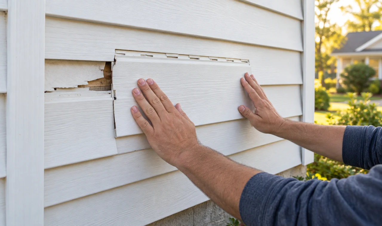 Press the Vinyl Siding Patch Into Place Hands pressing a matching patch onto damaged white vinyl siding