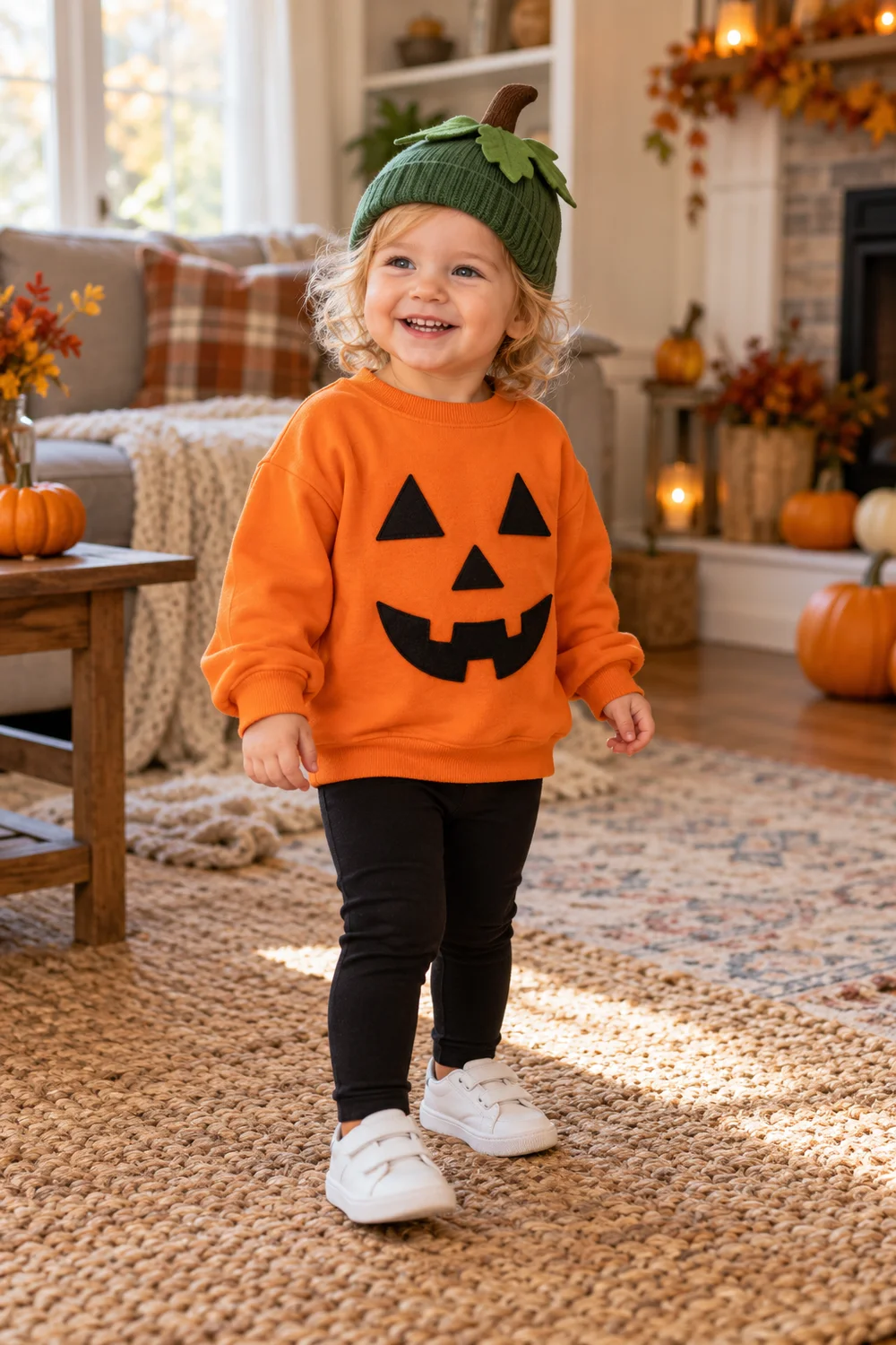 Toddler wearing a cozy orange pumpkin Halloween costume