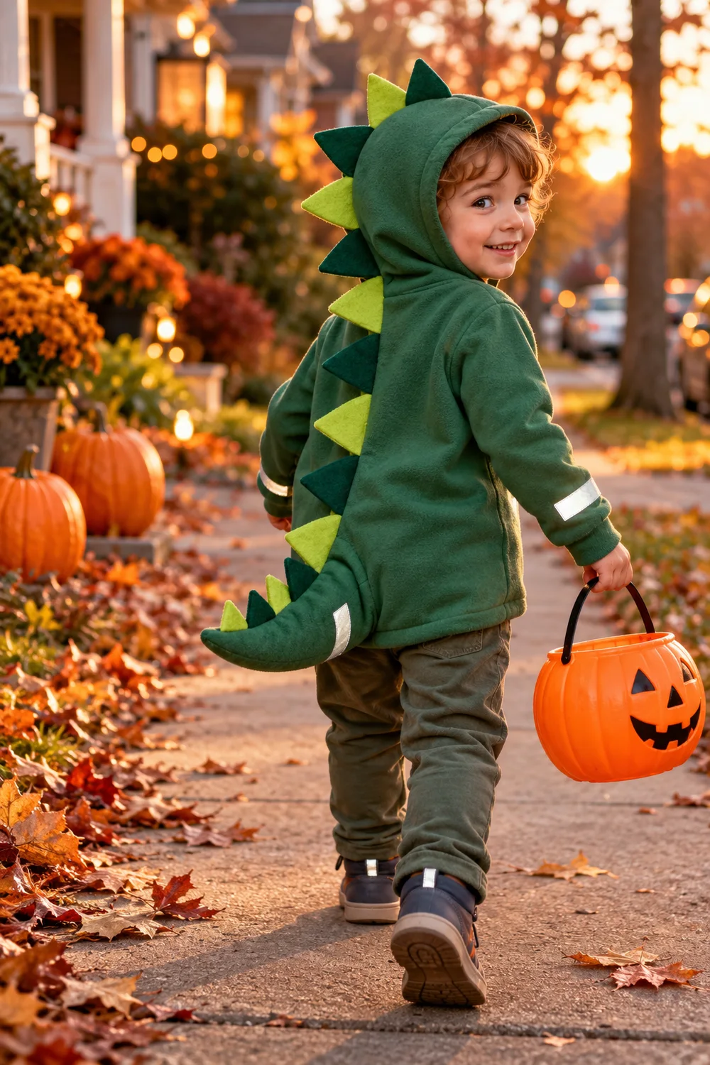Child wearing a green dinosaur hoodie Halloween costume with felt spikes