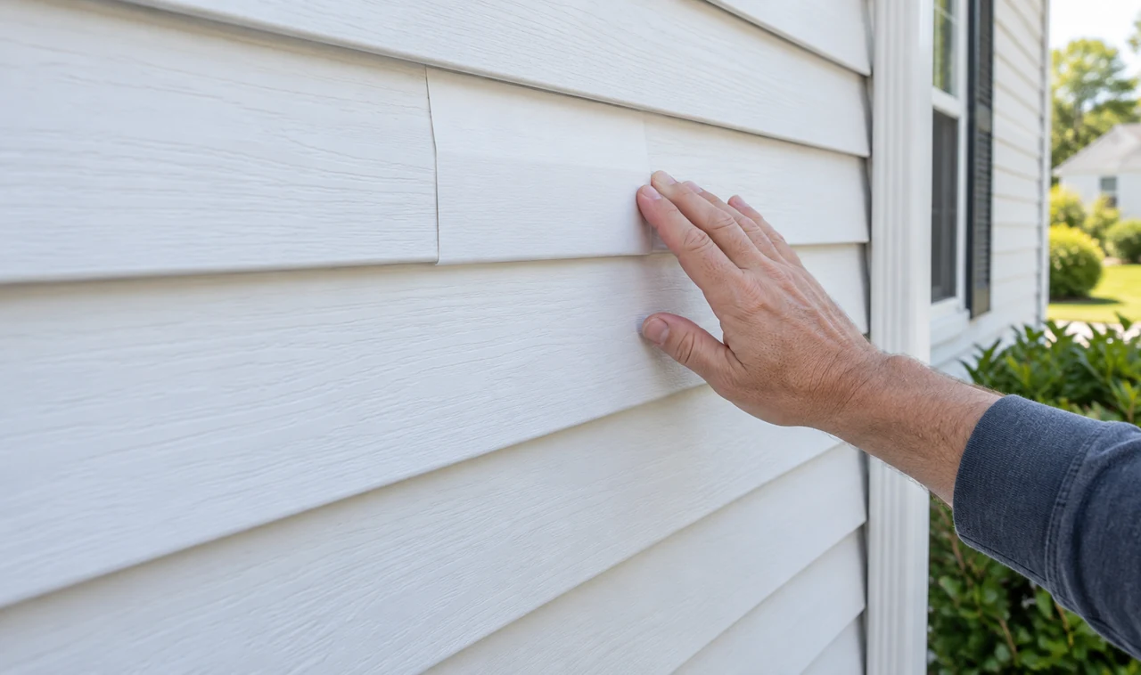 Inspect the Finished Vinyl Siding Patch Hand inspecting the sealed edges of a finished vinyl siding patch