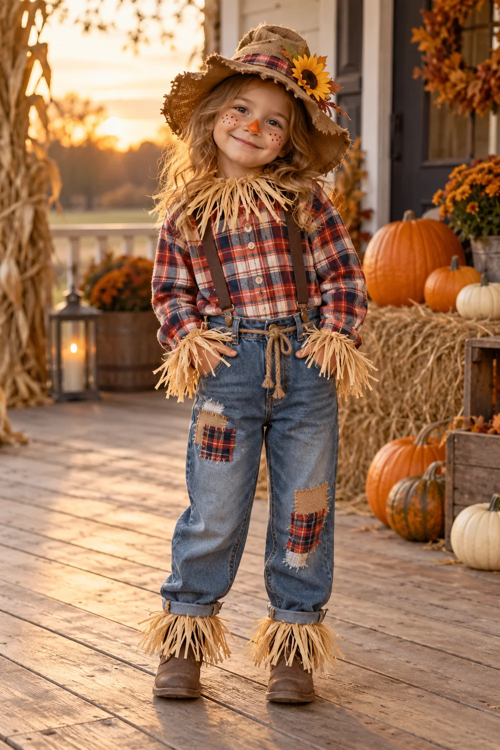 Child wearing a homemade scarecrow Halloween costume with patched jeans