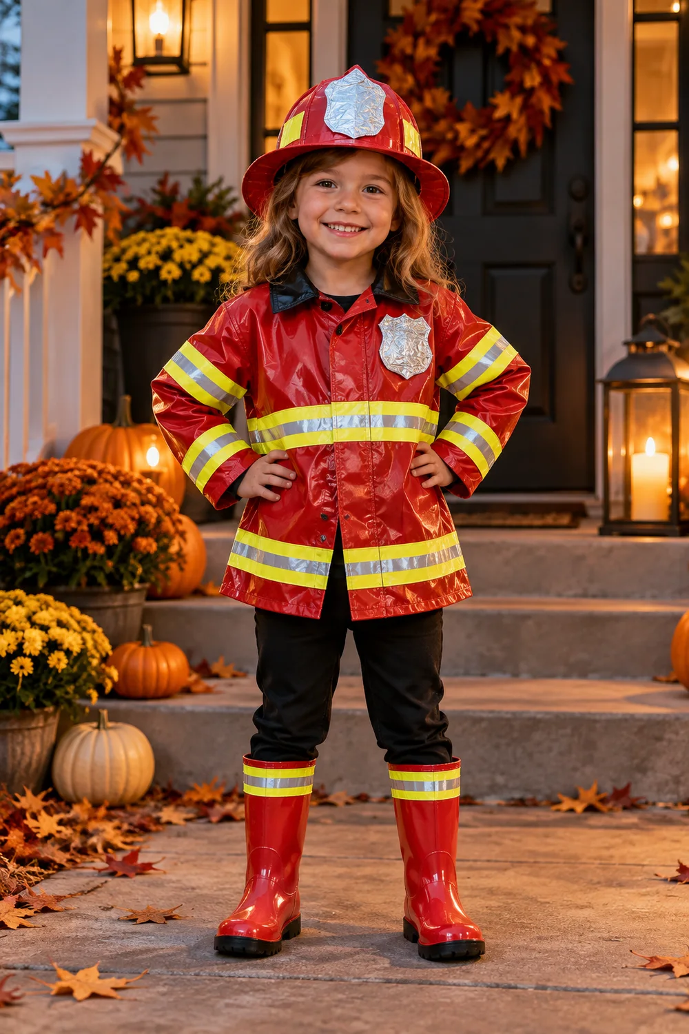 Child wearing a firefighter Halloween costume with a red raincoat and boots