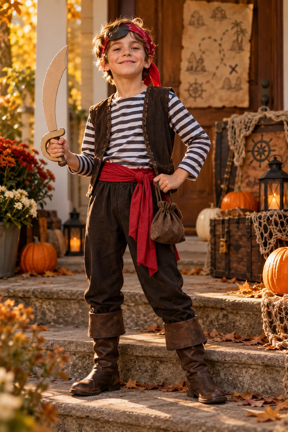 Child wearing a simple pirate Halloween costume with a striped shirt and bandana