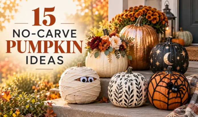 15 No-Carve Pumpkin Decorating Ideas Display of stylish painted, floral, mummy, doodle and yarn pumpkins for no-carve Halloween decorating